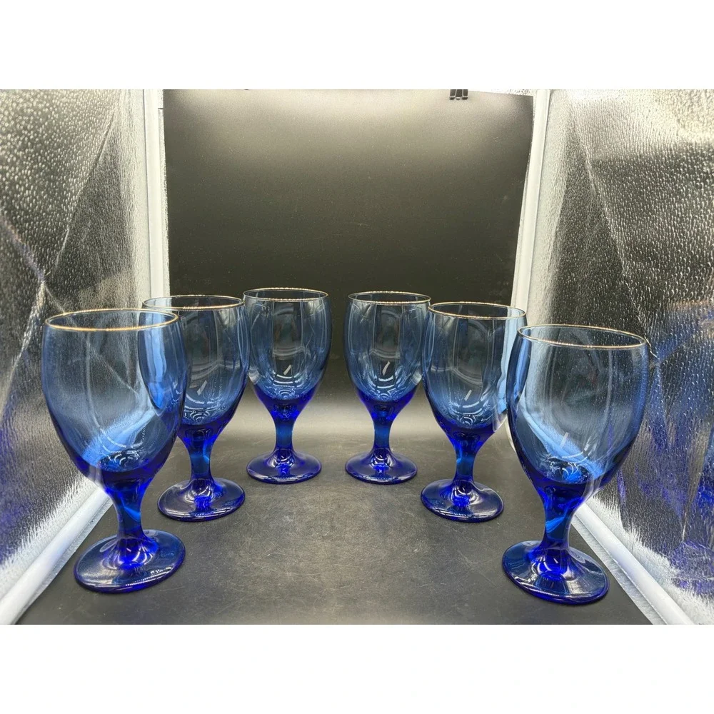 Vintage Cobalt Blue Gold Rim Stemmed Water Goblets Wine Glasses Set of 6